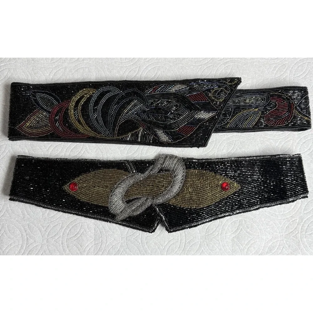 Vintage 70s 80s 90s Disco Multi-Color Sequence Beaded Women's Sash Satin Belts
